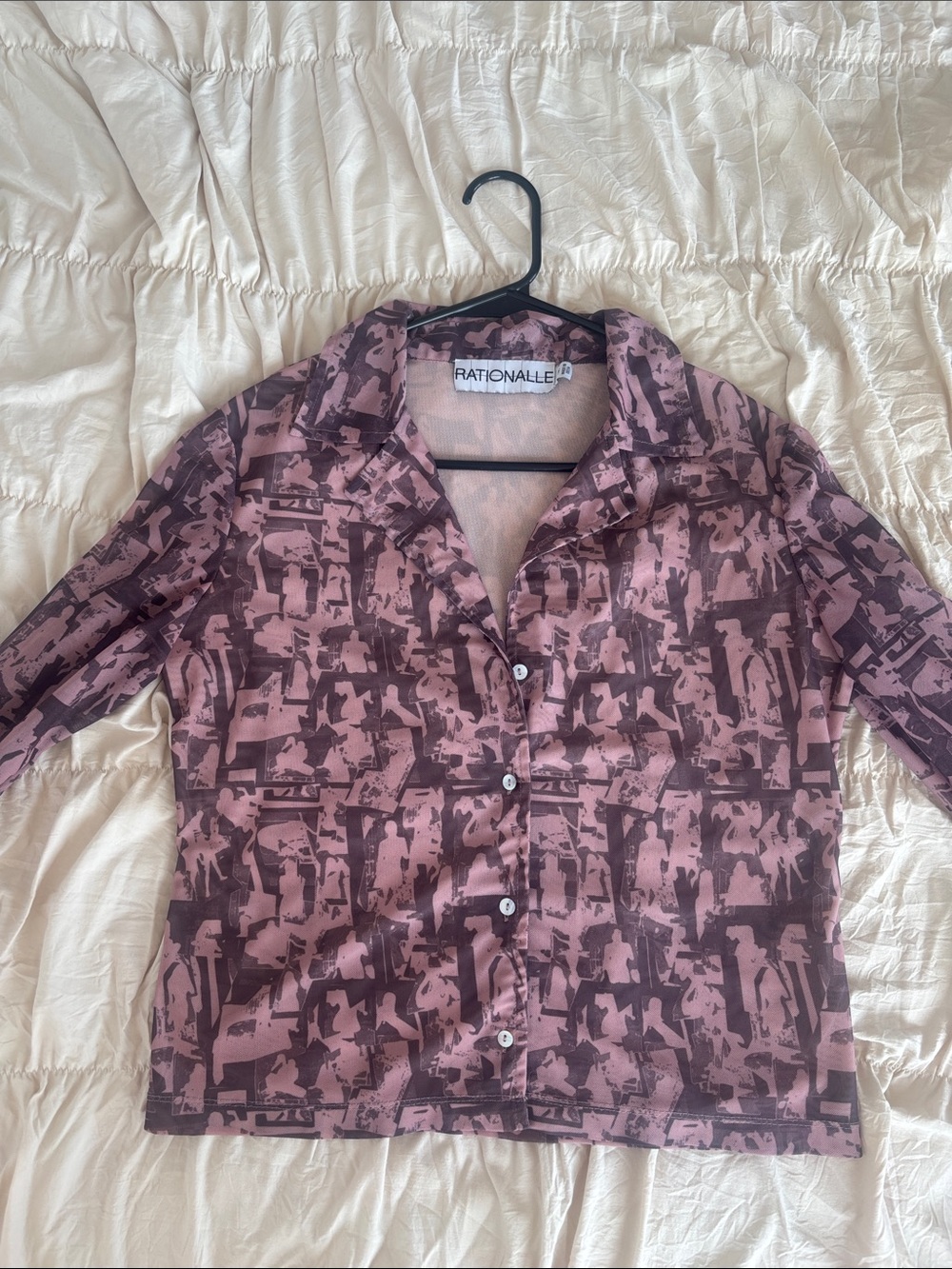 Rationalle Printed Button-Up Top in Mauve & Chocolate